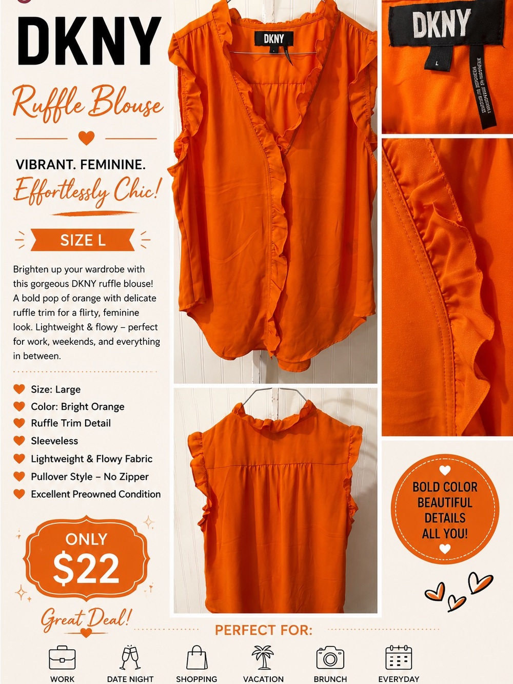 DKNY Orange Ruffle Blouse – Size Large – Bright & Flowy Statement Top 🍊